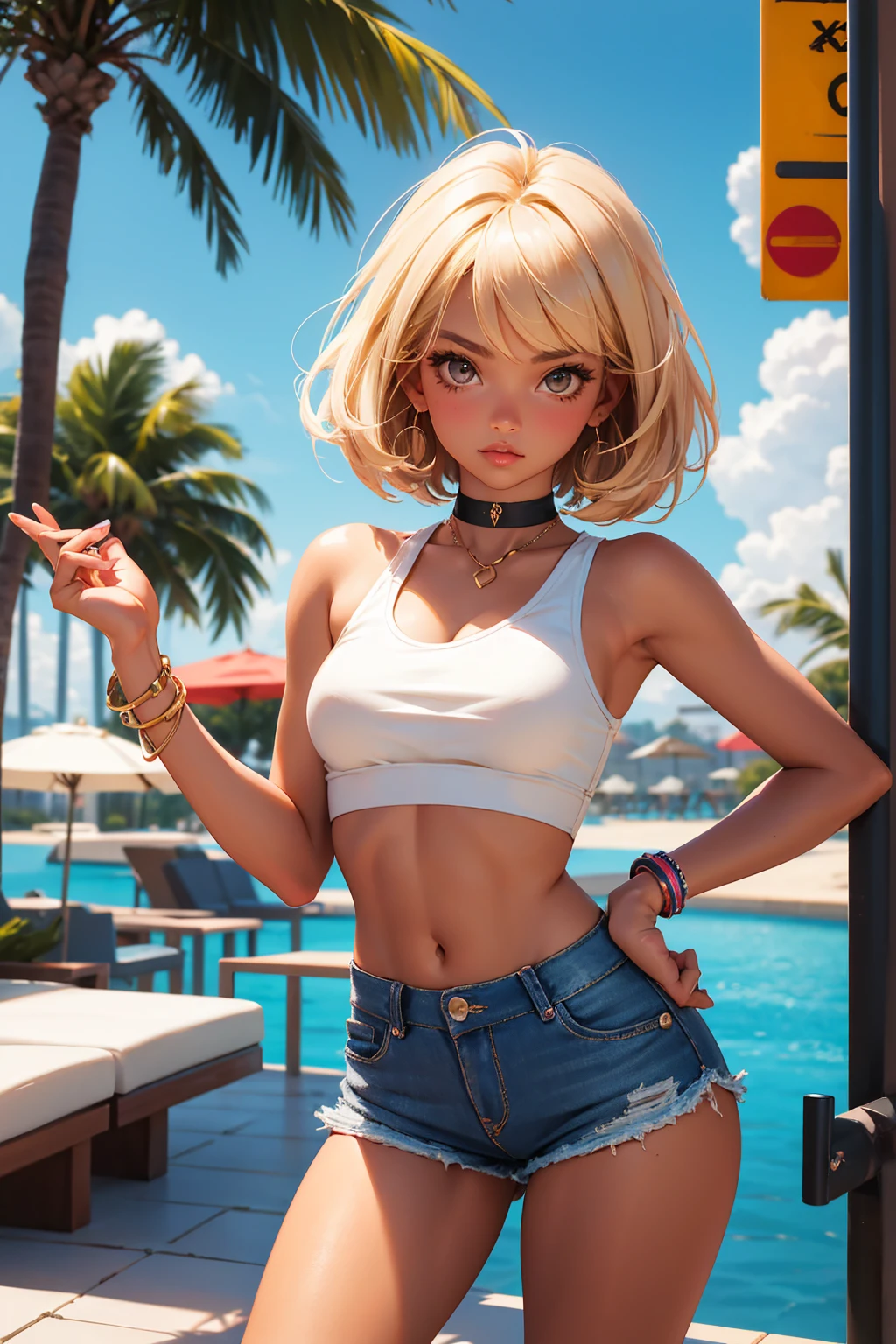 age girl-model 18 years old, beautiful, tanned, blonde, bob hair, bangs, brown eyes, beautiful figure, girl wearing crop shirt and too short mini shorts, beautiful long legs, slave bracelets, slave choker, manicure, cute makeup, flirtatiously posing, hot summer, hot flirty, sexy posing, summer outfit, top quality, higest quality, pin-up style, retro 80s style, Daisy Dukes style, Miami vibes,