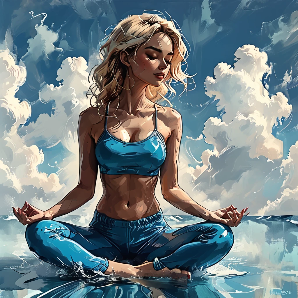 
((side view)), girl sitting on the surface of the water against the background of clouds, 
 sitting on the water, side view girl sits in the lotus position, cloud, sea line, only water and clouds,
girl in blue Half top wrestler and blue Elastic shorts look at the side, adult, [Nordic], Hourglass elongated fitness body, perfect Olive skin, Oval Face, Long neck, Rounded shoulders, perfect hand,  Attached Pointed ears, round forehead, Short blonde Waves pixie hair, snub nose, Arched eyebrows, closed Eyes, High Round Narrow cheekbones, Dimpled Cheeks, Rounded Chin, Rounded Jawline, Fine Puppet Wrinkles, Full nude Lips, (closed eyes), Nude Makeup Look, long eyelashes,  third breast size,  
 graphic style of novel comics, 
2d, 8k, iMax, hyperrealism, masterpiece, high resolution, best quality, ultra-detailed, super realistic, Hyperrealistic art, high-quality, ultra high res, highest detailed, lot of details, Extremely high-resolution details, incredibly lifelike, colourful, 