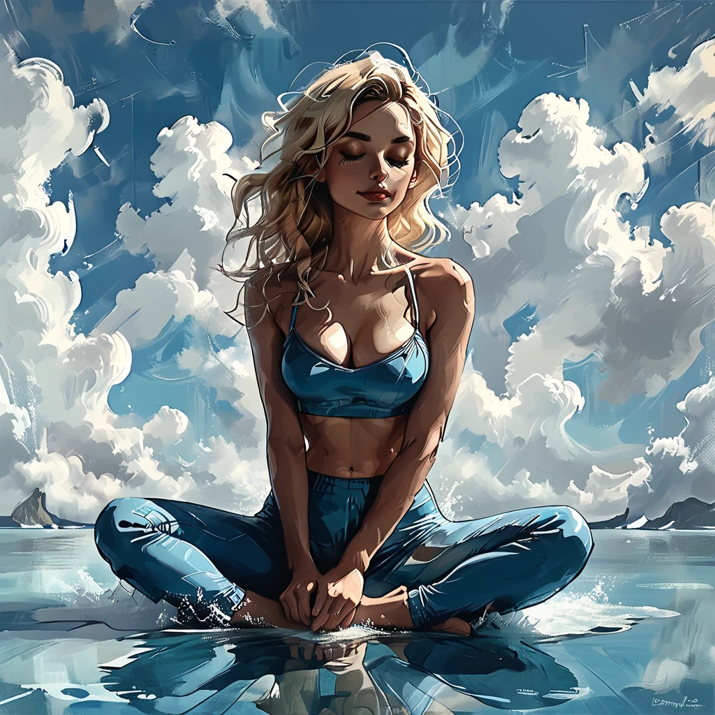 
((side view)), girl sitting on the surface of the water against the background of clouds, 
 sitting on the water, side view girl sits in the lotus position, cloud, sea line, only water and clouds,
girl in blue Half top wrestler and blue Elastic shorts look at the side, adult, [Nordic], Hourglass elongated fitness body, perfect Olive skin, Oval Face, Long neck, Rounded shoulders, perfect hand,  Attached Pointed ears, round forehead, Short blonde Waves pixie hair, snub nose, Arched eyebrows, closed Eyes, High Round Narrow cheekbones, Dimpled Cheeks, Rounded Chin, Rounded Jawline, Fine Puppet Wrinkles, Full nude Lips, (closed eyes), Nude Makeup Look, long eyelashes,  third breast size,  
 graphic style of novel comics, 
2d, 8k, iMax, hyperrealism, masterpiece, high resolution, best quality, ultra-detailed, super realistic, Hyperrealistic art, high-quality, ultra high res, highest detailed, lot of details, Extremely high-resolution details, incredibly lifelike, colourful, 