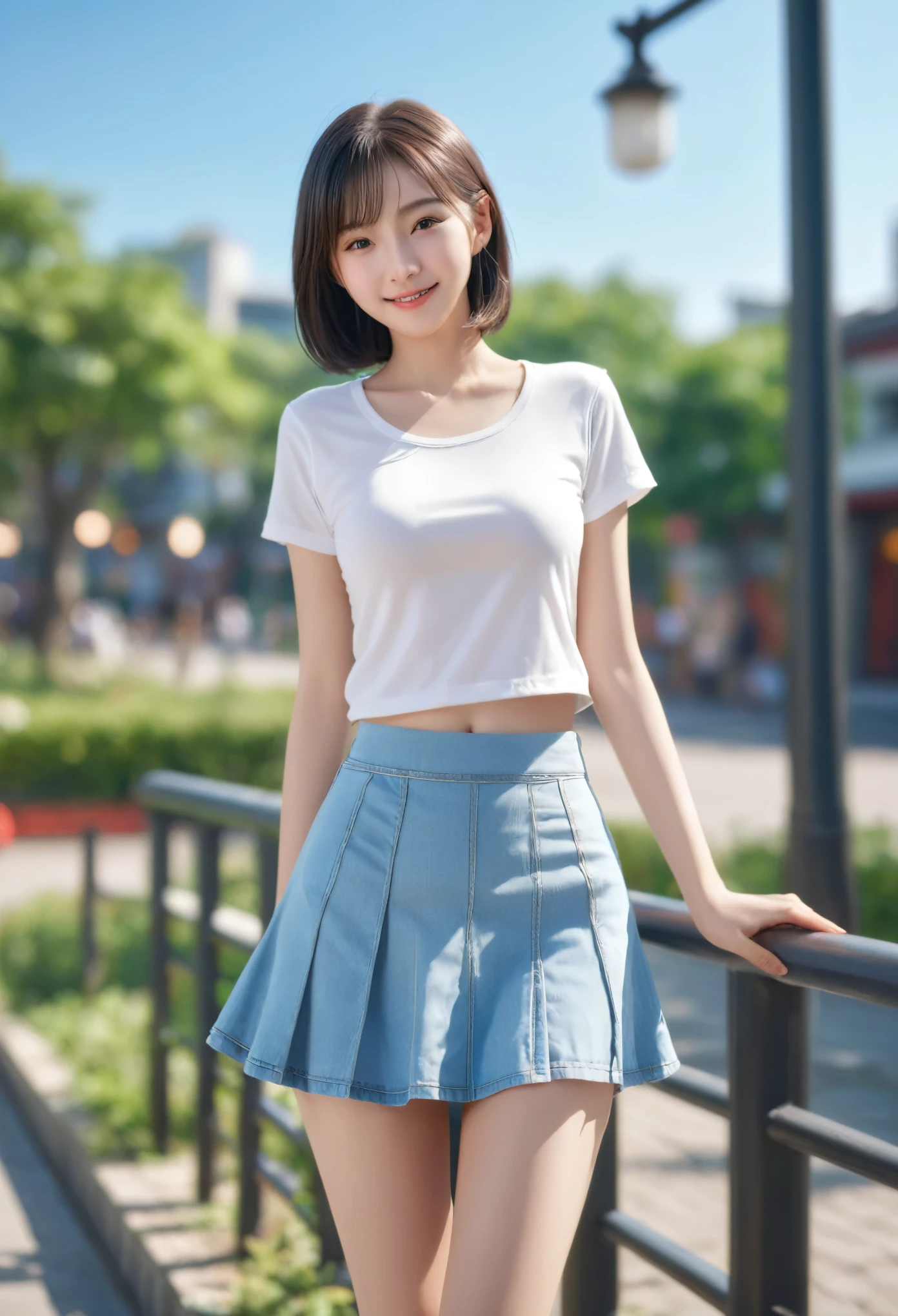 Innocent 18 year old girl、((flare miniskirt,white t-shirts,Dramatic poses)),Smile,short-cut,Park background、Raw photo, (8K、top-quality、masterpiece:1.2)、(intricate detailes:1.4)、(Photorealsitic:1.4)、octane renderings、Complex 3D rendering ultra detail, Studio Soft Light, Rim Lights, vibrant detail, super detailing, realistic skin textures, Detail Face, Beautiful detail eyes, Very detailed CG Unity 16k wallpaper, make - up, (detailedbackground:1.2), shinny skin, Full body、From head to thigh、cleavage of the breast,((Stand with your hands on the wall with emphasis on your chest))
