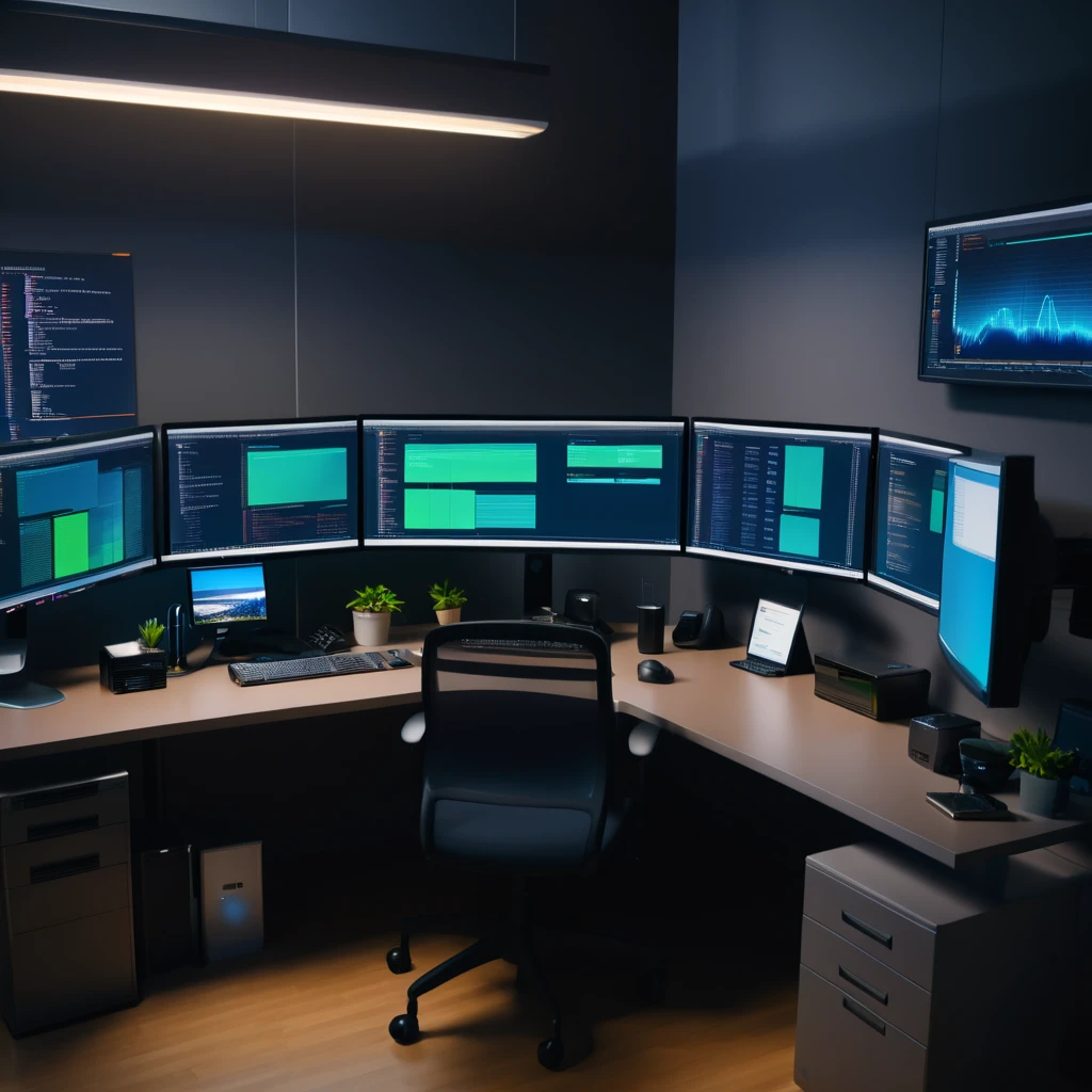 several computer screens on several desks in an office that ((all have "Refresh" on the monitor)). dark cluttered Office environment.
