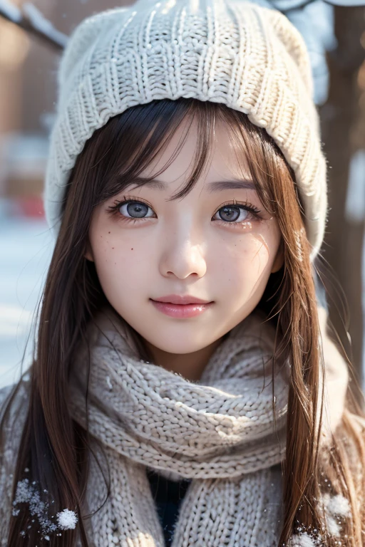 one girl, (a beauty girl, delicate girl:1.3), (22 years old:1.3),
break, (scarf, Knitted hat:1.3),
break, Definition of very fine particles, (Symmetrical eyes:1.3),
break, (Snow Scene:1.3),
break, Small breasts, Parted bangs, Brown Hair, girl,
break, (Eye and facial details:1.0),
break, (masterpiece, highest quality, Very detailed, Detailed face, 8k)、smile:1.9、Look Up、High angle、Drooping eyes、freckles
