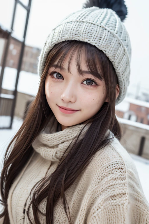 one girl, (a beauty girl, delicate girl:1.3), (22 years old:1.3),
break, (scarf, Knitted hat:1.3),
break, Definition of very fine particles, (Symmetrical eyes:1.3),
break, (Snow Scene:1.3),
break, Small breasts, Parted bangs, Brown Hair, girl,
break, (Eye and facial details:1.0),
break, (masterpiece, highest quality, Very detailed, Detailed face, 8k)、smile:1.9、Look Up、High angle、Drooping eyes、freckles