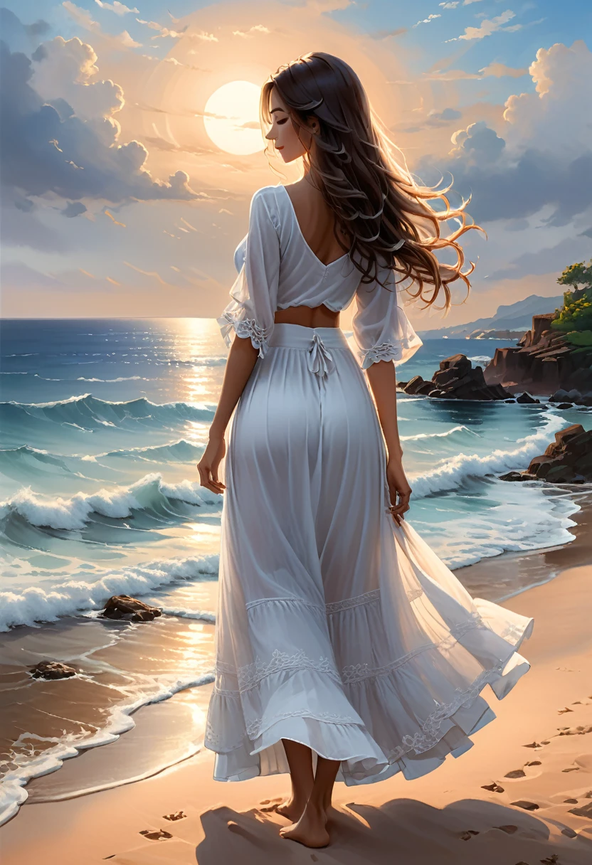 Transparent needle pen ink painting of fine white sand beach,An oriental girl with flying long hair,Fair and delicate skin.Silvery gray highlighted hair color.long hair,Wearing a straw hat.Show most of your face.Real person presents minimalist style .White thin shoulder V-neck low-cut dress,Turn your back to the lens.Looking towards the sea,barefoot.Footprints left on the beach.Full body picture,Blue sky and white clouds,Looking at the sea with small waves,