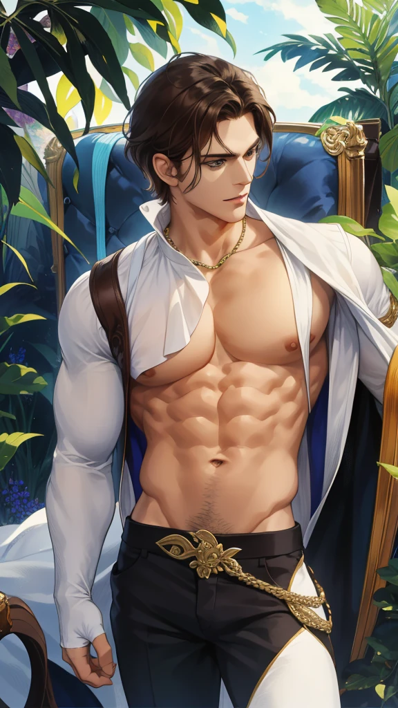 (absurdres, highres, ultra detailed), (1 male, solo, adult, mature, aged up, tall muscular guy, broad shoulders, handsome), wavy brown hair, green eyes, (angular jaw, thick neck, thick eyebrows), BREAK, forest, fantasy, Uniform, extremely detailed face, upper body, Pele branca, sardas no nariz, cabelos avermelhados ( ruivo) his hair is thrown to the side but long in the back, ( vou dar um exemplo) ele tem olhos azuis escuros e um rosto angelical, your clothes are always very tight, Her body is slender, magro e alto mas muito bem definido.