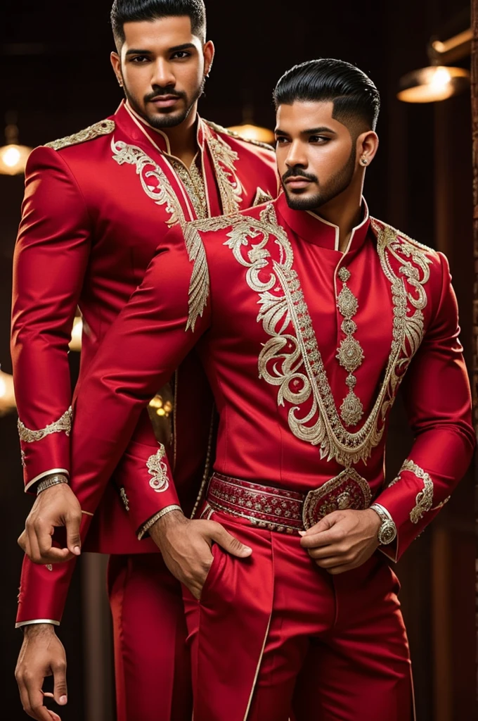 Traje de baile latino (bachata) para hombre  para competencia con brillos o flecos que sea rojo. It needs to be masculine and seen from the front to fully appreciate the design. 
