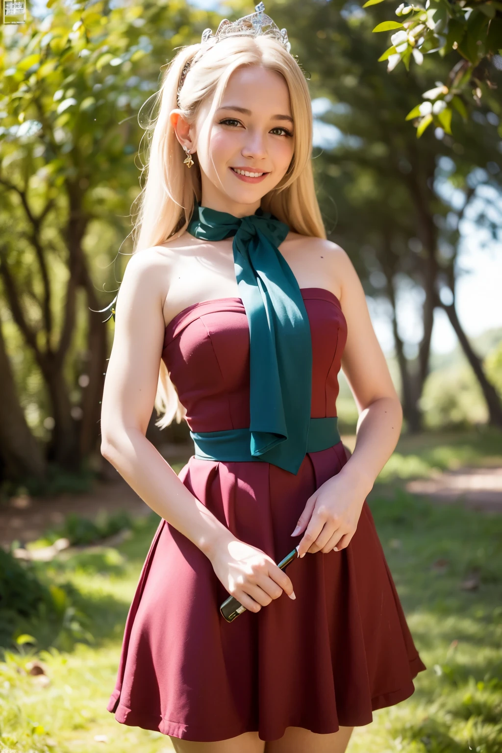  Elf,(8k, RAW Photos, highest quality, masterpiece:1.2),Super detailed,blonde,blue eyes,RPG,princess,smile,battledress,moving,in forest,she has bow