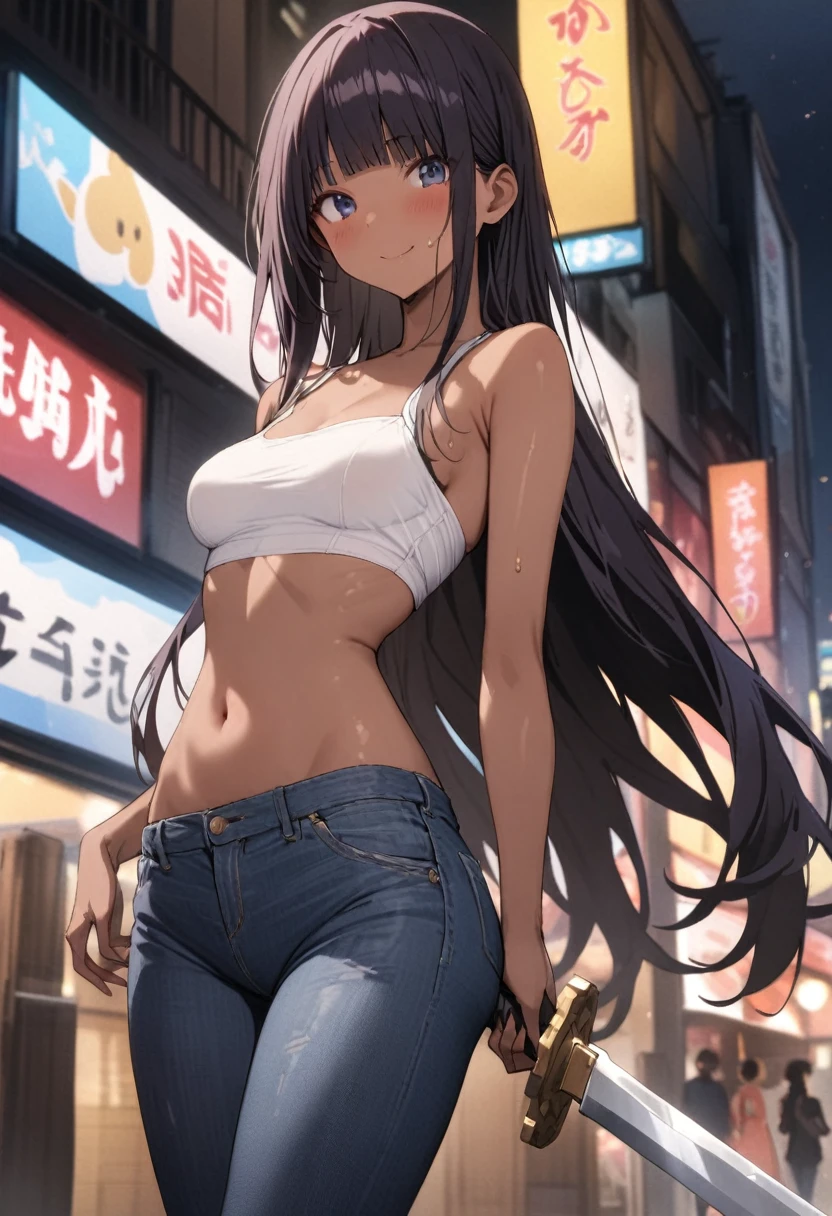 (((masterpiece, highest quality:1.3,absurdres))),25 year old beauty,solo,((very small head:1.2)),long hair,bangs,dark blue hair,dark blue eyes,gorgeous eyes,blush,smile,medium breasts,((very long body:1.2)),((toned body,slender body)),skinny,tan skin,gleaming skin,shiny skin,sweat,((Denim hot pants)),((White tube top,navel)),Holding a sword in both hands、on street,Tokyo、at night、