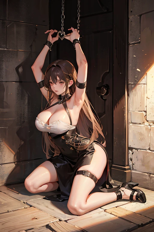 a 25 year old Italian girl with super gigantic breasts wears a dress made up of a torn blouse that cannot contain her breasts and a miniskirt, she has a slave collar and very long brown hair, she is a prisoner in a horror movie dungeon kneeling, feet naked, breasts tied together, arms and hands chained to a wall, the body is tightened by bondage straps