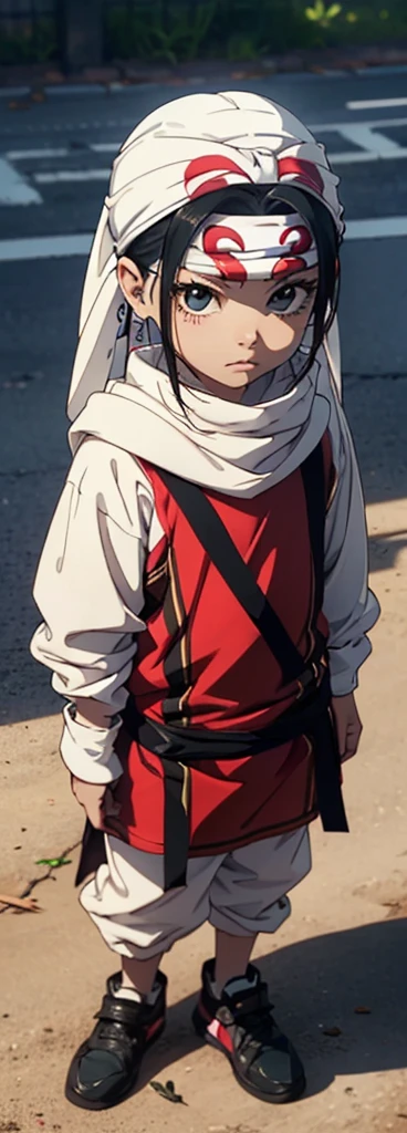Detailed face Looking at viewer emotionless eyess emotionless expressionless Beautiful kid face quality clothing Extremely beautiful cute kid 7year old kid kid body extremely detailed clothing expensive cowl bandana on forehead profile image full body image style beautiful kid face side view ultra cute face kid beautiful kid kid like face 1080 16k very_high_resolution