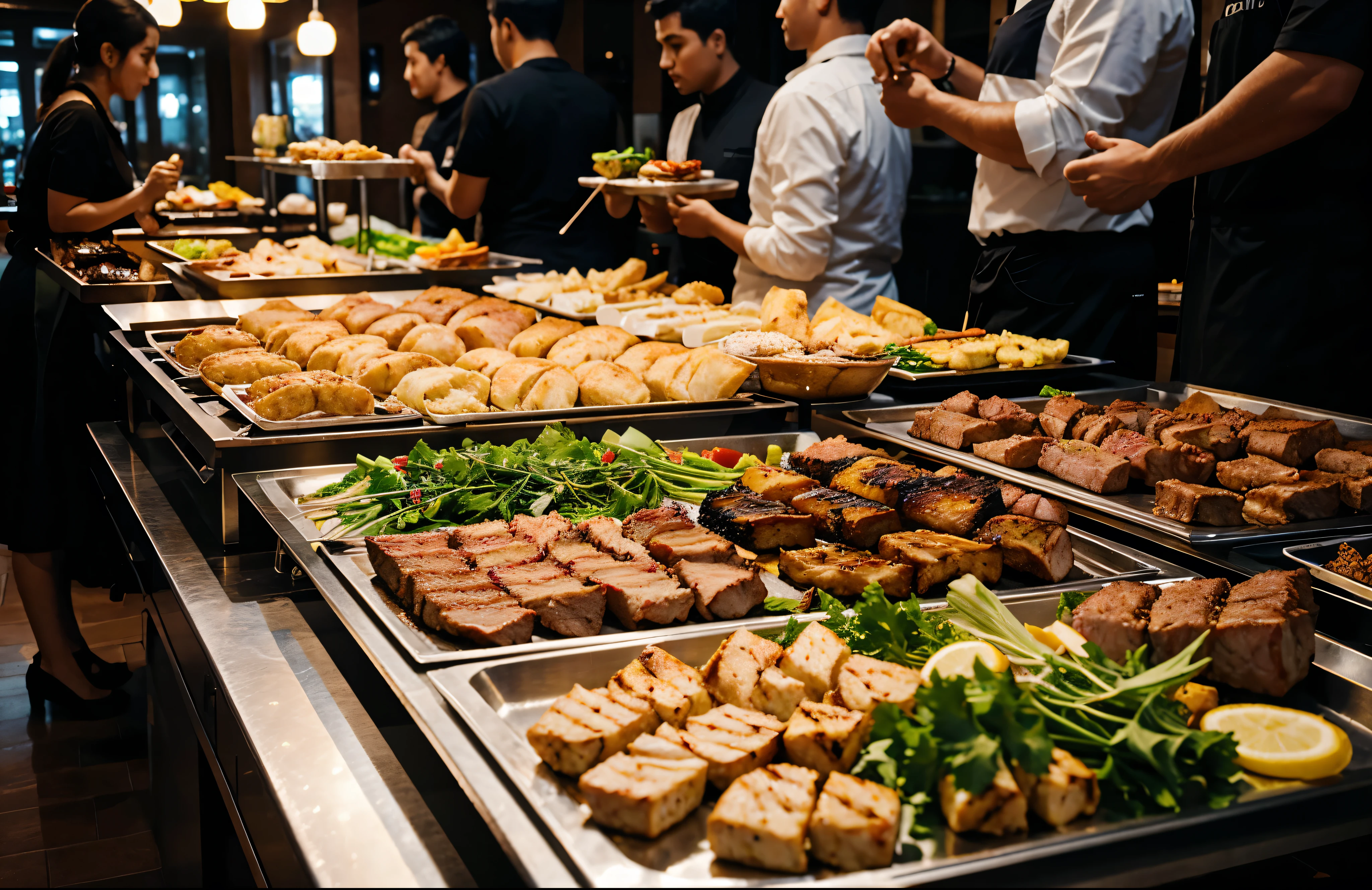 Catering buffet food indoor in restaurant with grilled meat.