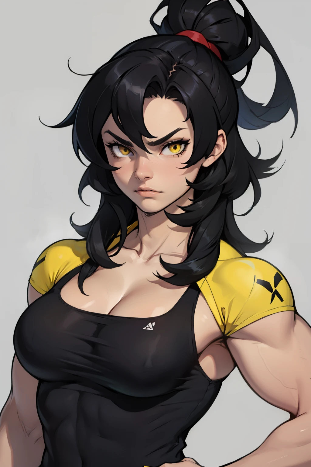 swole girl black hair yellow eyes pale skin disappointed anatomically correct breasts highest quality 
