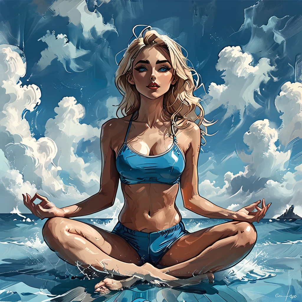 
((side view)), girl sitting on the surface of the water against the background of clouds, open mouth, surprise,
 sitting on the water, side view girl sits in the lotus position, cloud, sea line, only water and clouds,
girl in blue Half top wrestler and blue Elastic shorts look at the side, adult, [Nordic], Hourglass elongated fitness body, perfect Olive skin, Oval Face, Long neck, Rounded shoulders, perfect hand,  Attached Pointed ears, round forehead, Short blonde Waves pixie hair, snub nose, Arched eyebrows, Monolid blue Eyes, High Round Narrow cheekbones, Dimpled Cheeks, Rounded Chin, Rounded Jawline, Fine Puppet Wrinkles, Full nude Lips, (blue eyes), Nude Makeup Look, long eyelashes,  third breast size,  
 graphic style of novel comics, 
2d, 8k, iMax, hyperrealism, masterpiece, high resolution, best quality, ultra-detailed, super realistic, Hyperrealistic art, high-quality, ultra high res, highest detailed, lot of details, Extremely high-resolution details, incredibly lifelike, colourful, 