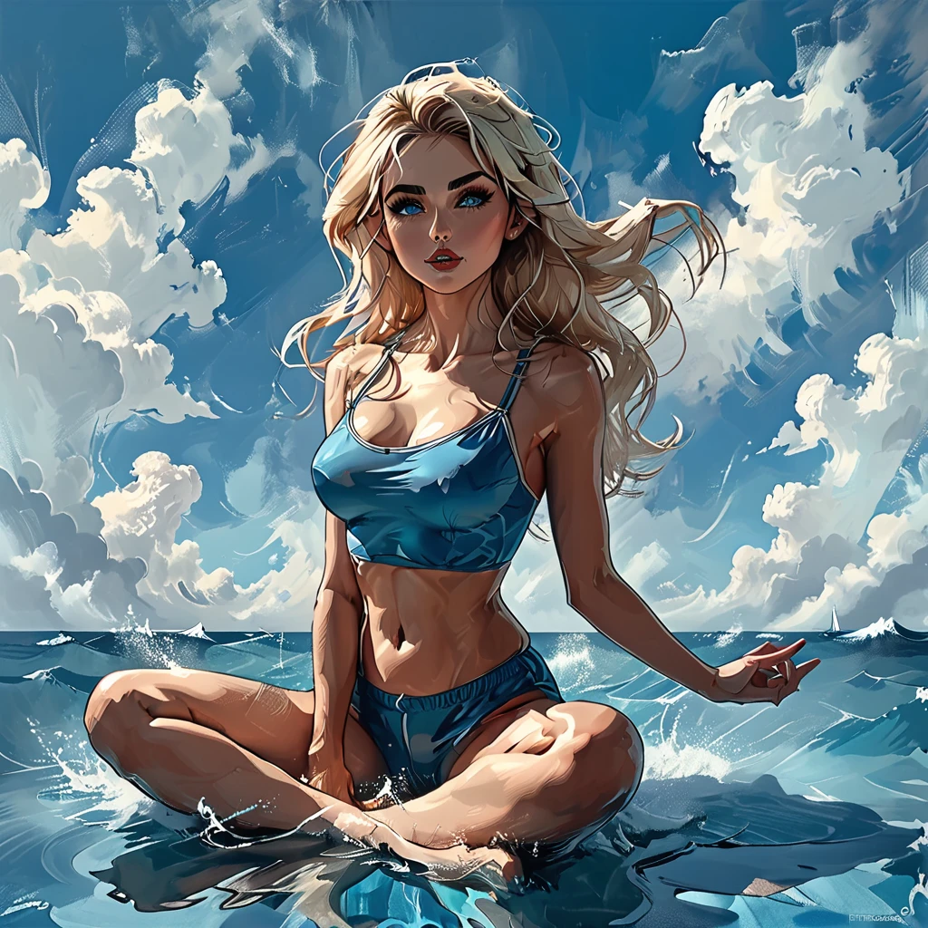 
((side view)), girl sitting on the surface of the water against the background of clouds, open mouth, surprise,
 sitting on the water, side view girl sits in the lotus position, cloud, sea line, only water and clouds,
girl in blue Half top wrestler and blue Elastic shorts look at the side, adult, [Nordic], Hourglass elongated fitness body, perfect Olive skin, Oval Face, Long neck, Rounded shoulders, perfect hand,  Attached Pointed ears, round forehead, Short blonde Waves pixie hair, snub nose, Arched eyebrows, Monolid blue Eyes, High Round Narrow cheekbones, Dimpled Cheeks, Rounded Chin, Rounded Jawline, Fine Puppet Wrinkles, Full nude Lips, (blue eyes), Nude Makeup Look, long eyelashes,  third breast size,  
 graphic style of novel comics, 
2d, 8k, iMax, hyperrealism, masterpiece, high resolution, best quality, ultra-detailed, super realistic, Hyperrealistic art, high-quality, ultra high res, highest detailed, lot of details, Extremely high-resolution details, incredibly lifelike, colourful, 