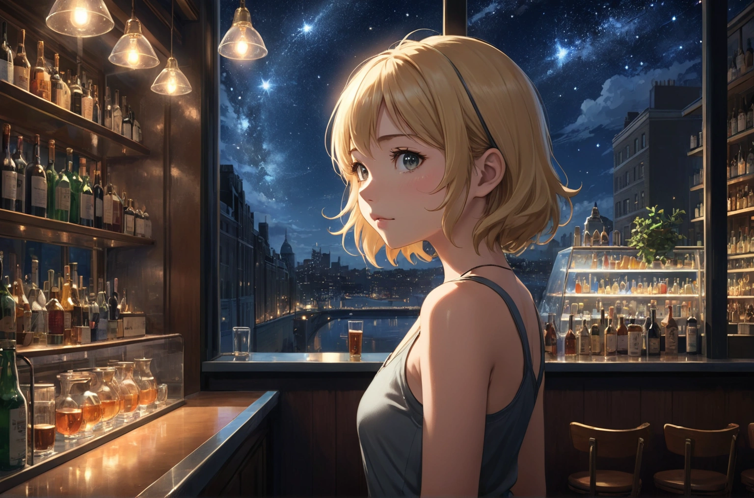 Uses Makoto Shinkai'The depiction is perfect,Portrait of Alice Hirose,8k 4k masterpiece photo ,London,Glass ceiling jazz bar,I can see the twinkling stars through the glass window.,that'Outside in the dark night,Jazz is playing,Profile close-up,Beautiful profile,Blonde Long Hair,Look in a different direction,Standing alone at the counter,A tight fitting black tank top,Bust is larger,A different store than before