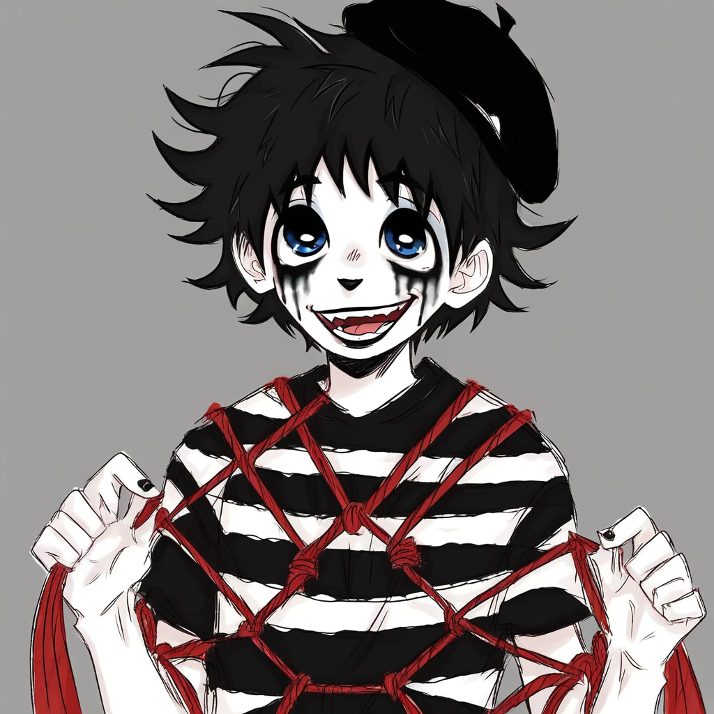 boy mime, shirt grunge, sketchy lines, messy hair, black hair, wearing a beret,happy, has mime makeup on, wearing a mime outfit, dark blue eyes, performing on the streets of paris, miming pulling a rope