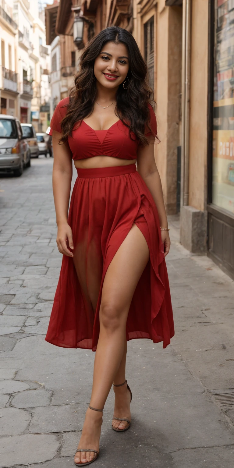 Image in 8k or higher of a beautiful Indian brunette with curly black hair full body ,warm smile with beautiful red lipstick.cinematic light,vestido ajustado rojo sexy, atractiva, sentada en un anden con piernas cruzadas, atractivas piernas .(sol,al fondo una calle de Sevilla hiperdetallada), falda corta de color rojo