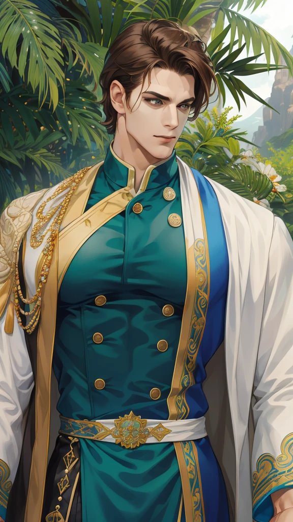 (absurdres, highres, ultra detailed), (1 male, solo, adult, mature, aged up, tall muscular guy, broad shoulders, handsome), wavy brown hair, green eyes, (angular jaw, thick neck, thick eyebrows), BREAK, forest, fantasy, Uniform, extremely detailed face, upper body, Pele branca, sardas no nariz, cabelos avermelhados ( ruivo) his hair is thrown to the side but long in the back, ( vou dar um exemplo) ele tem olhos azuis escuros e um rosto angelical, your clothes are always very tight, Her body is slender, magro e alto mas muito bem definido.