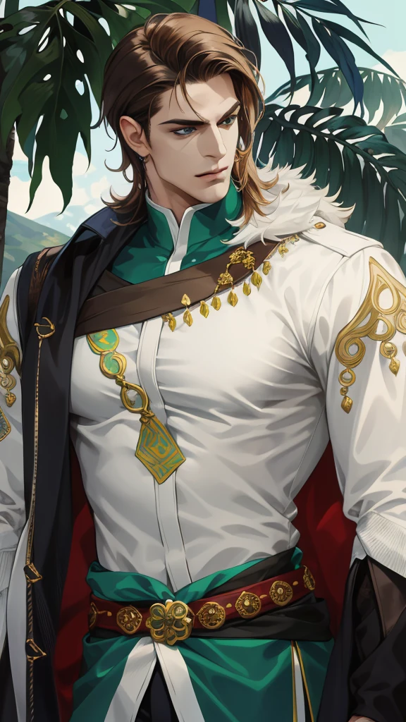 (absurdres, highres, ultra detailed), (1 male, solo, adult, mature, aged up, tall muscular guy, broad shoulders, handsome), wavy brown hair, green eyes, (angular jaw, thick neck, thick eyebrows), BREAK, forest, fantasy, Uniform, extremely detailed face, upper body, Pele branca, sardas no nariz, cabelos avermelhados ( ruivo) his hair is thrown to the side but long in the back, ( vou dar um exemplo) ele tem olhos azuis escuros e um rosto angelical, your clothes are always very tight, Her body is slender, magro e alto mas muito bem definido.