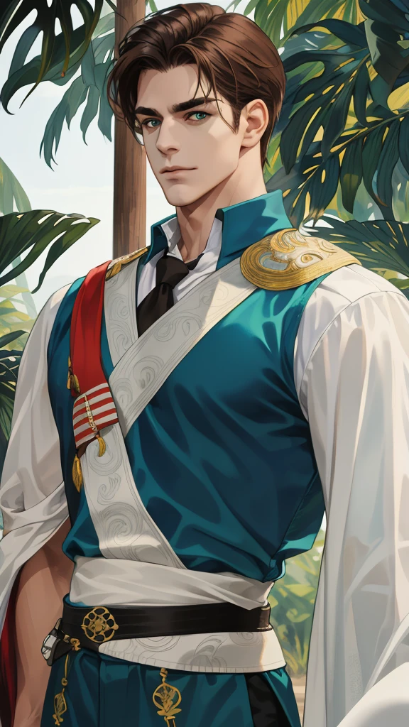 (absurdres, highres, ultra detailed), (1 male, solo, adult, mature, aged up, tall muscular guy, broad shoulders, handsome), wavy brown hair, green eyes, (angular jaw, thick neck, thick eyebrows), BREAK, forest, fantasy, Uniform, extremely detailed face, upper body, Pele branca, sardas no nariz, cabelos avermelhados ( ruivo) his hair is thrown to the side but long in the back, ( vou dar um exemplo) ele tem olhos azuis escuros e um rosto angelical, your clothes are always very tight, Her body is slender, magro e alto mas muito bem definido.