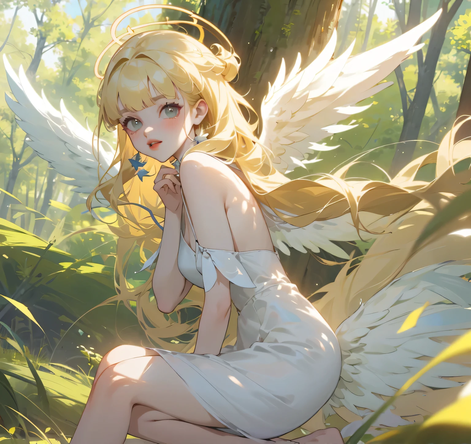 (High quality) (best quality) (A woman) (correct physiognomy) woman, long blonde hair with bangs on her forehead, four small angel wings coming out of her head, two on the left side and two on the right side, two angel wings coming out of her back, a golden halo behind her head, golden eyes, sensitive lips, middle aged, white dress with straps on the shoulders, skirt cut diagonally leaving one leg exposed, location of the photo the woman must being in the middle of the forest, photo lighting sunlight, full body proportion, showing in the photo the body from head to torso