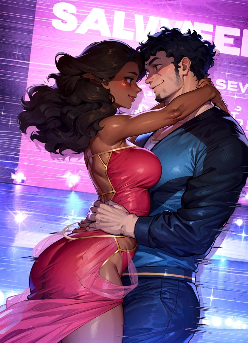 Hdr, masterpiece,4K, ray tracing, best quality, 1boy, 1girl, steven quartz universe, connie maheswaran,  face to face,enamored couple, passionate sensuality, nightclub background, erotic dancing, couple focused,  couple dancing together, highly-detailed animation, beautiful aesthetic, detailed smooth textures, motion lines,  incredible absurdres,  sharp gradients, deep highlights,  unreal engine,  incredibly detailed,  dynamic lighting, carnality,
dynamic perspective,  dynamism, brilliant shading, sensual  shadowing,  sensuous atmosphere,  intricate fabric details, amazing skin, perfect hands, perfect, perfect eyes,  steven quartz universe, age 23, fat man, handsome, wavy black hair, strongman waist, deep brown eyes, round face,  urban masculine rave outfit, connie maheswaran,  age 22, salacious rave girl, blue fire decal urban  rave minidress,  perfect square physique,  beautiful detailed black eyes, flowing, shining, wavy black hair, toned,  wide hips, firm chest, hypnotic hips, salaciously smiling, looking over shoulder