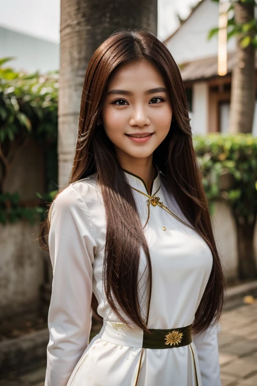 hyperrealistic photo of long-haired woman posing for a photo, thai girl photo, by Abidin Dino, tumblr, ao dai, very beautiful face, beautiful smile, adorable sweet eyes, realistic:1.1