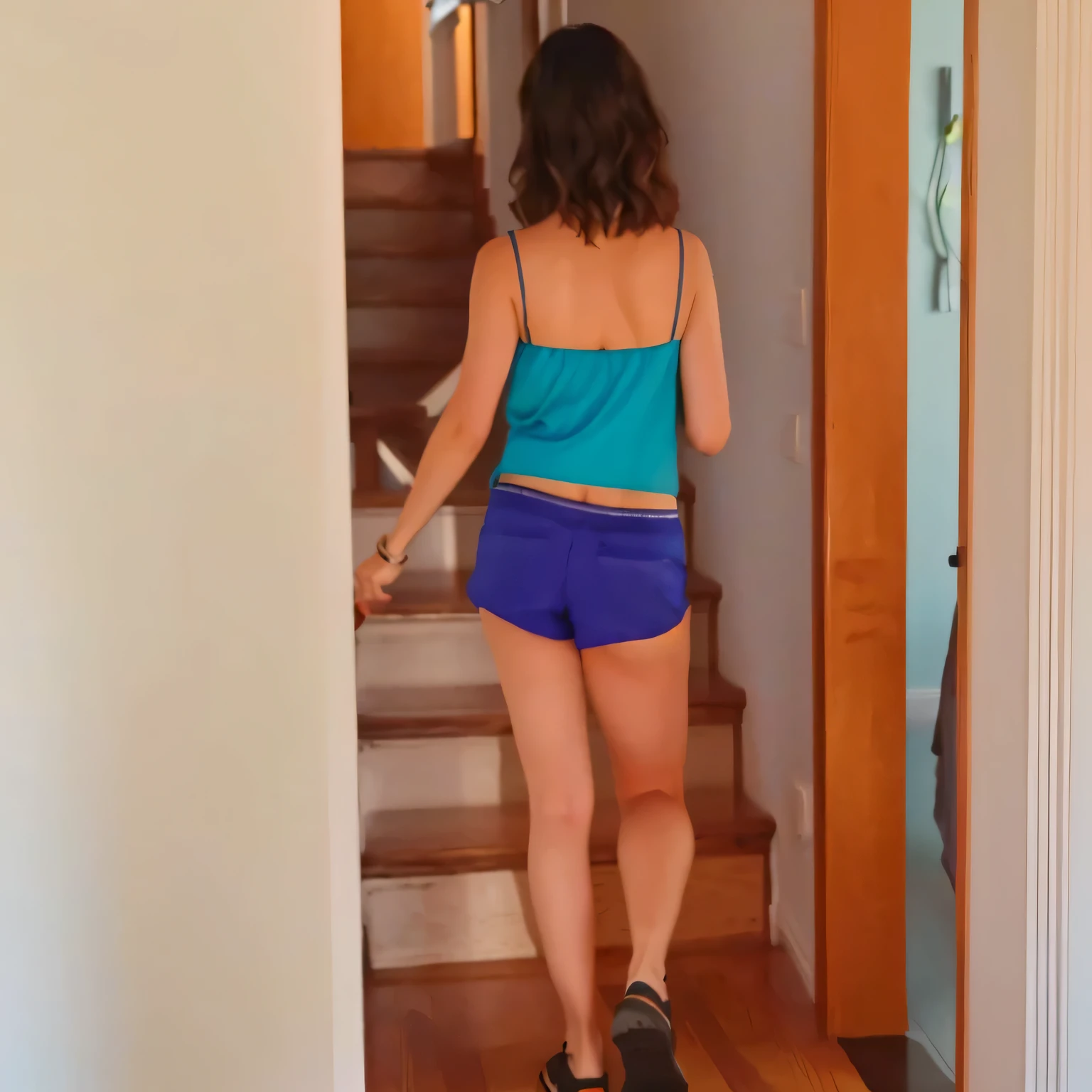 there is a woman walking up the stairs in a blue top, coming down the stairs, side view of her taking steps, in shorts, uhd candid photo of dirty, walking away from the camera, walking away from camera, booty shorts, gif, exposed thighs!!!, wearing a camisole and shorts, sneaking, view from the back, stairs