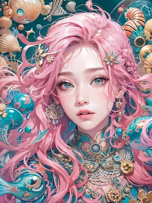 Official art, unity 8k wallpaper, Super detailed, beautifully、Aesthetically beautiful, masterpiece, highest quality, (Zentangle, Mandala, indices, mesh), (Fractal Art: 1.3), 1Oceanの女神, (Hairstyle: Long Hair、The color of the hair is pink) Ocean, Very detailed, Dynamic English, Cowboy Shot, The most beautiful form of chaos, elegant, Brutalist design, Bright and light-filled colors, Romanticism, Oceanの泡, bubble, shell, fish, 真珠 メルヘン Oceanの中