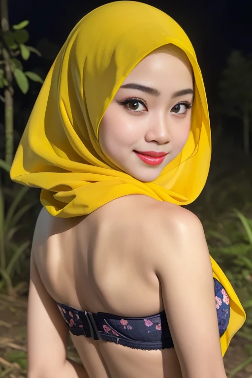 (Happy smile), (((HIJAB MALAY GIRL))), masutepiece, High quality, UHD 32K, Realistic face, Realistic skin feeling , A Japanese Lady, 8 years old, , Very cute and baby-like face, (((FLAT CHEST))), (Night time at forest), ((look In front  at the camera and SADNESS)), (((FLUORESCENCE))), (((CUTE GIRL))), ((YELLOW LIPS)), ((Floral Pattern)) little wearing strapless bra, strapless colorful bra, dark night horror scary place (from behind up) seductive pose