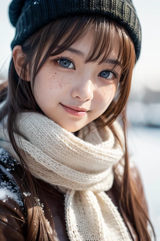 one girl, (a beauty girl, delicate girl:1.3), (22 years old:1.3),
break, (scarf, Knitted hat:1.3),
break, Definition of very fine particles, (Symmetrical eyes:1.3),
break, (Snow Scene:1.3),
break, Small breasts, Parted bangs, Brown Hair, girl,
break, (Eye and facial details:1.0),
break, (masterpiece, highest quality, Very detailed, Detailed face, 8k)、smile:1.1、Look Up、High angle、Drooping eyes、freckles、Put your hands on your cheeks