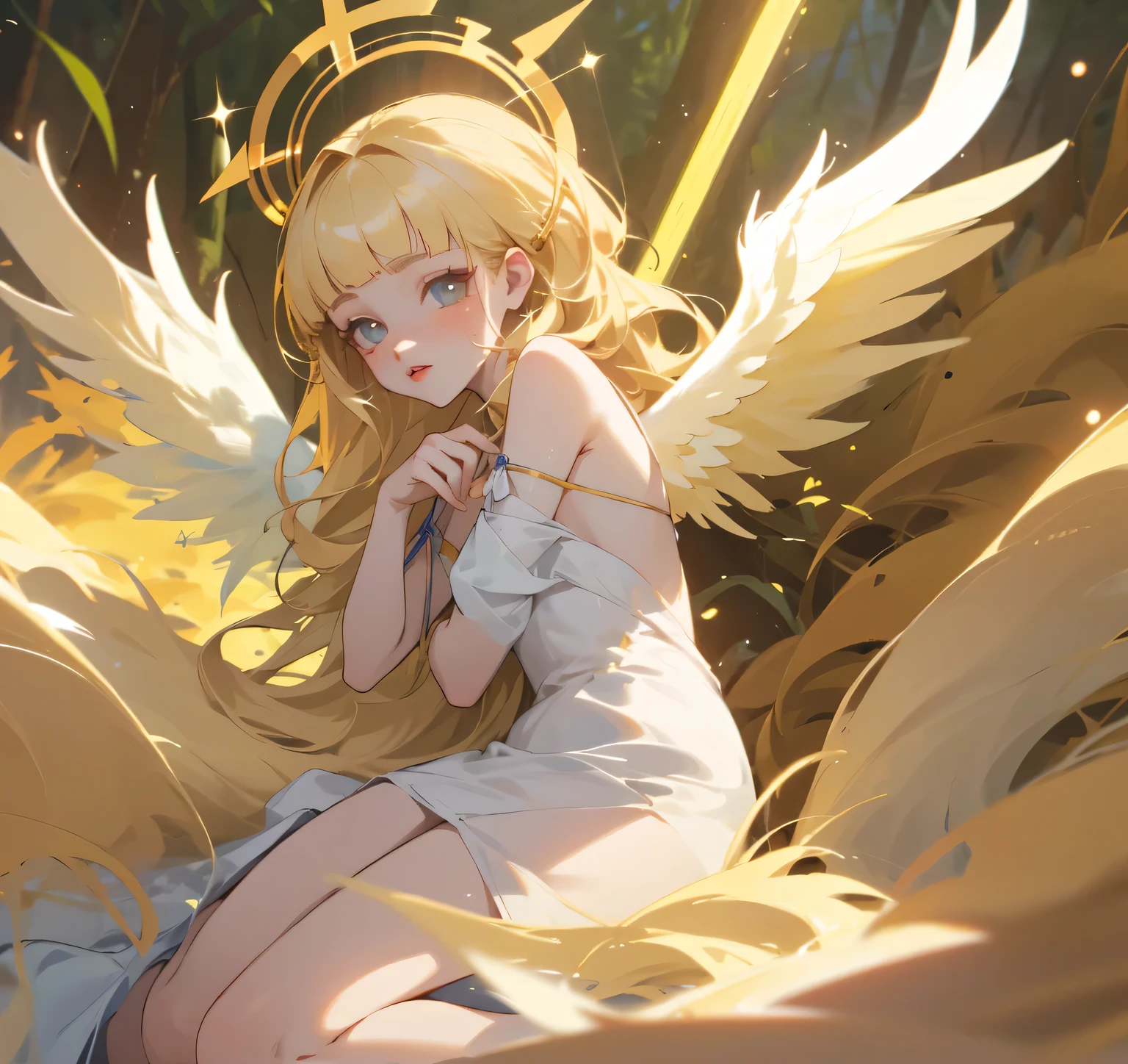 (High quality) (best quality) (A woman) (correct physiognomy) woman, long blonde hair with bangs on her forehead, four small angel wings coming out of her head, two on the left side and two on the right side, two angel wings coming out of her back, a golden halo behind her head, golden eyes, sensitive lips, middle aged, white dress with straps on the shoulders, skirt cut diagonally leaving one leg exposed, location of the photo the woman must being in the middle of the forest, photo lighting sunlight, full body proportion, showing in the photo the body from head to torso