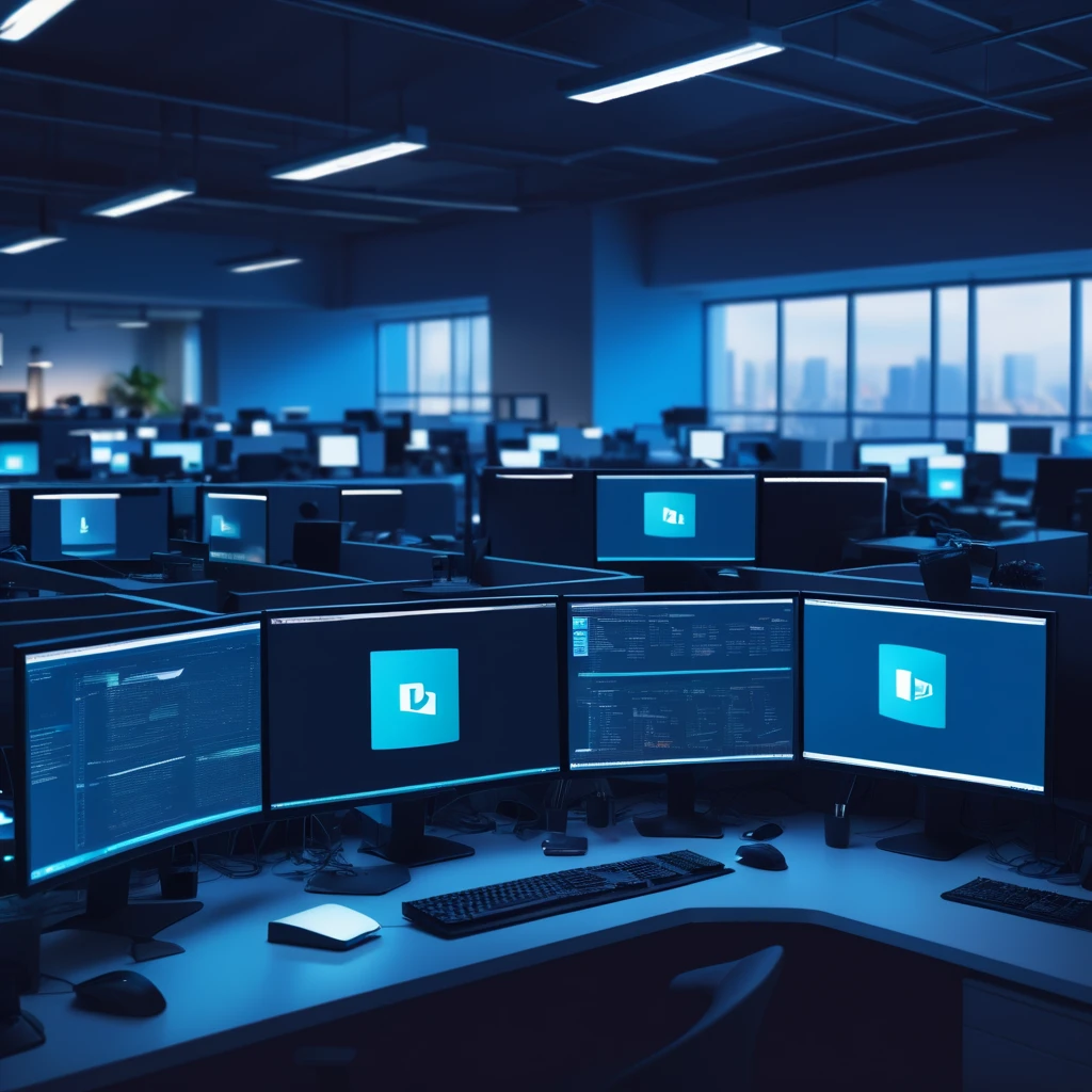 many monitors in large shared office space, messy, dark, monitors all have "click to refresh" on them. dark cluttered Office environment.