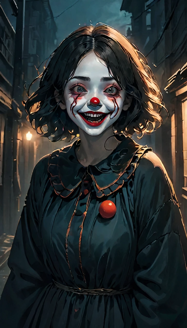 highest quality,Horror,spooky smile,Red Nose,Detailed face,Scary atmosphere,Dark Background,Dramatic lighting,Sharp focus,an  ominous,evil dream,Scary Clown,Scary expressions,emotion,Exposing teeth,Big smile,Red lips,evil,Ghostly,evil dreamのような,Anxious,Night Scenery,Spooky laughter,Strong gaze,A frightening personality,Distorted face,Threatening,Gothic,Sharp Eye,evil dreamのような scenery,spooky,Anxious,Horror movie aesthetic,evil dream fuel,Ghostlyly beautiful,A terrifying presence,evil dream-inducing,Shadow,Spooky atmosphere