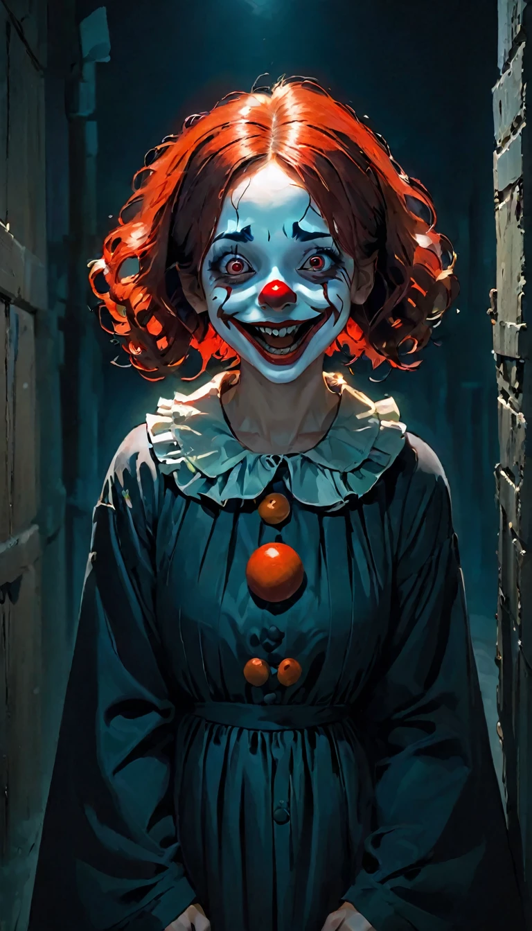 highest quality,Horror,spooky smile,Red Nose,Detailed face,Scary atmosphere,Dark Background,Dramatic lighting,Sharp focus,an  ominous,evil dream,Scary Clown,Scary expressions,emotion,Exposing teeth,Big smile,Red lips,evil,Ghostly,evil dreamのような,Anxious,Night Scenery,Spooky laughter,Strong gaze,A frightening personality,Distorted face,Threatening,Gothic,Sharp Eye,evil dreamのような scenery,spooky,Anxious,Horror movie aesthetic,evil dream fuel,Ghostlyly beautiful,A terrifying presence,evil dream-inducing,Shadow,Spooky atmosphere