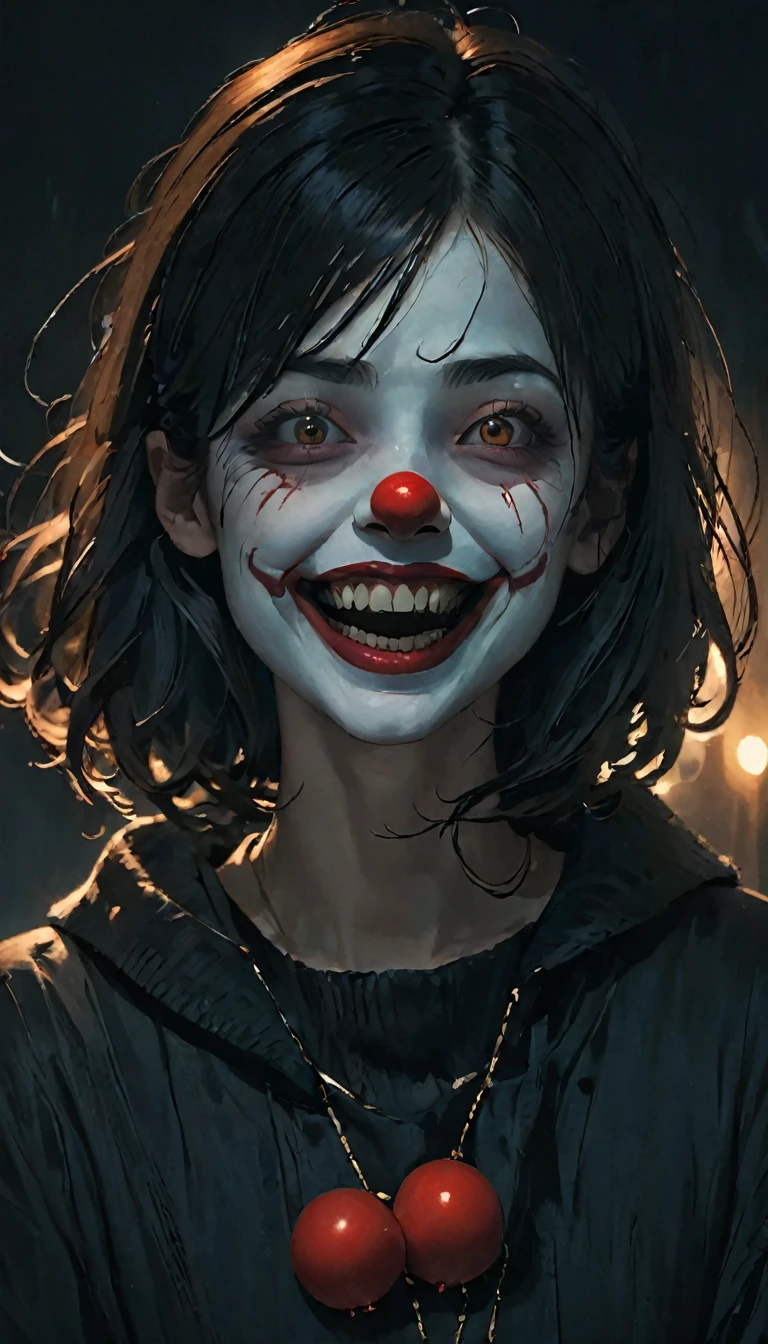 highest quality,Horror,spooky smile,Red Nose,Detailed face,Scary atmosphere,Dark Background,Dramatic lighting,Sharp focus,an  ominous,evil dream,Scary Clown,Scary expressions,emotion,Exposing teeth,Big smile,Red lips,evil,Ghostly,evil dreamのような,Anxious,Night Scenery,Spooky laughter,Strong gaze,A frightening personality,Distorted face,Threatening,Gothic,Sharp Eye,evil dreamのような scenery,spooky,Anxious,Horror movie aesthetic,evil dream fuel,Ghostlyly beautiful,A terrifying presence,evil dream-inducing,Shadow,Spooky atmosphere