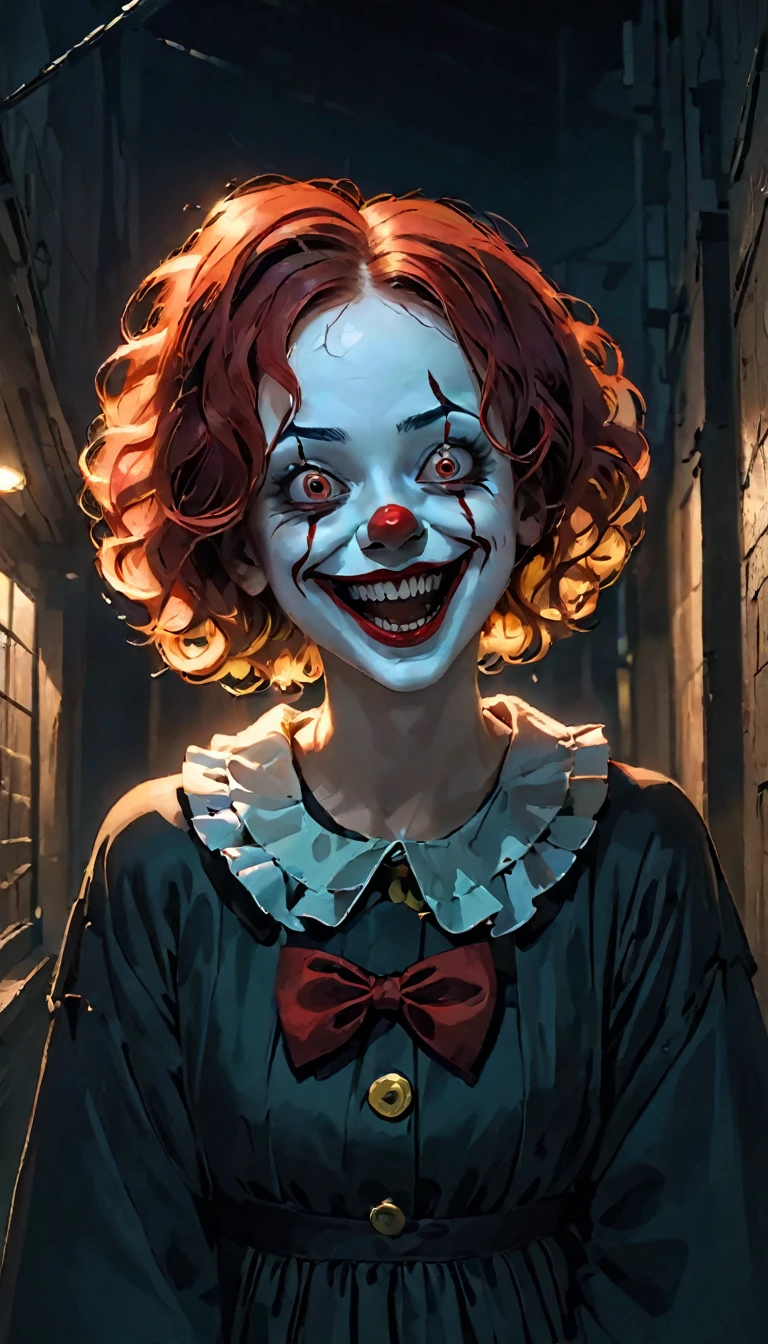 highest quality,Horror,spooky smile,Red Nose,Detailed face,Scary atmosphere,Dark Background,Dramatic lighting,Sharp focus,an  ominous,evil dream,Scary Clown,Scary expressions,emotion,Exposing teeth,Big smile,Red lips,evil,Ghostly,evil dreamのような,Anxious,Night Scenery,Spooky laughter,Strong gaze,A frightening personality,Distorted face,Threatening,Gothic,Sharp Eye,evil dreamのような scenery,spooky,Anxious,Horror movie aesthetic,evil dream fuel,Ghostlyly beautiful,A terrifying presence,evil dream-inducing,Shadow,Spooky atmosphere