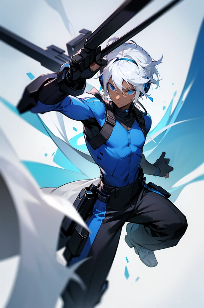 Young adult, Male, white hair, blue Eyes, African American Dark skin color, black jumpsuit, headphones, Trion Body, Armed.