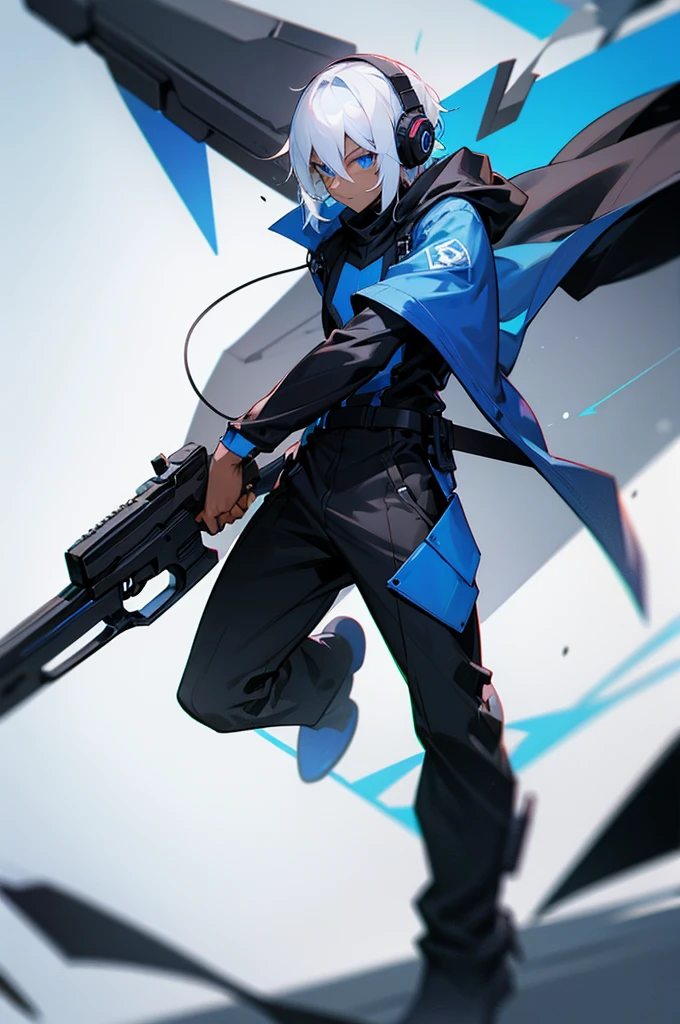 Young adult, Male, white hair, blue Eyes, African American Dark skin color, black jumpsuit, headphones, Trion Body, Armed.