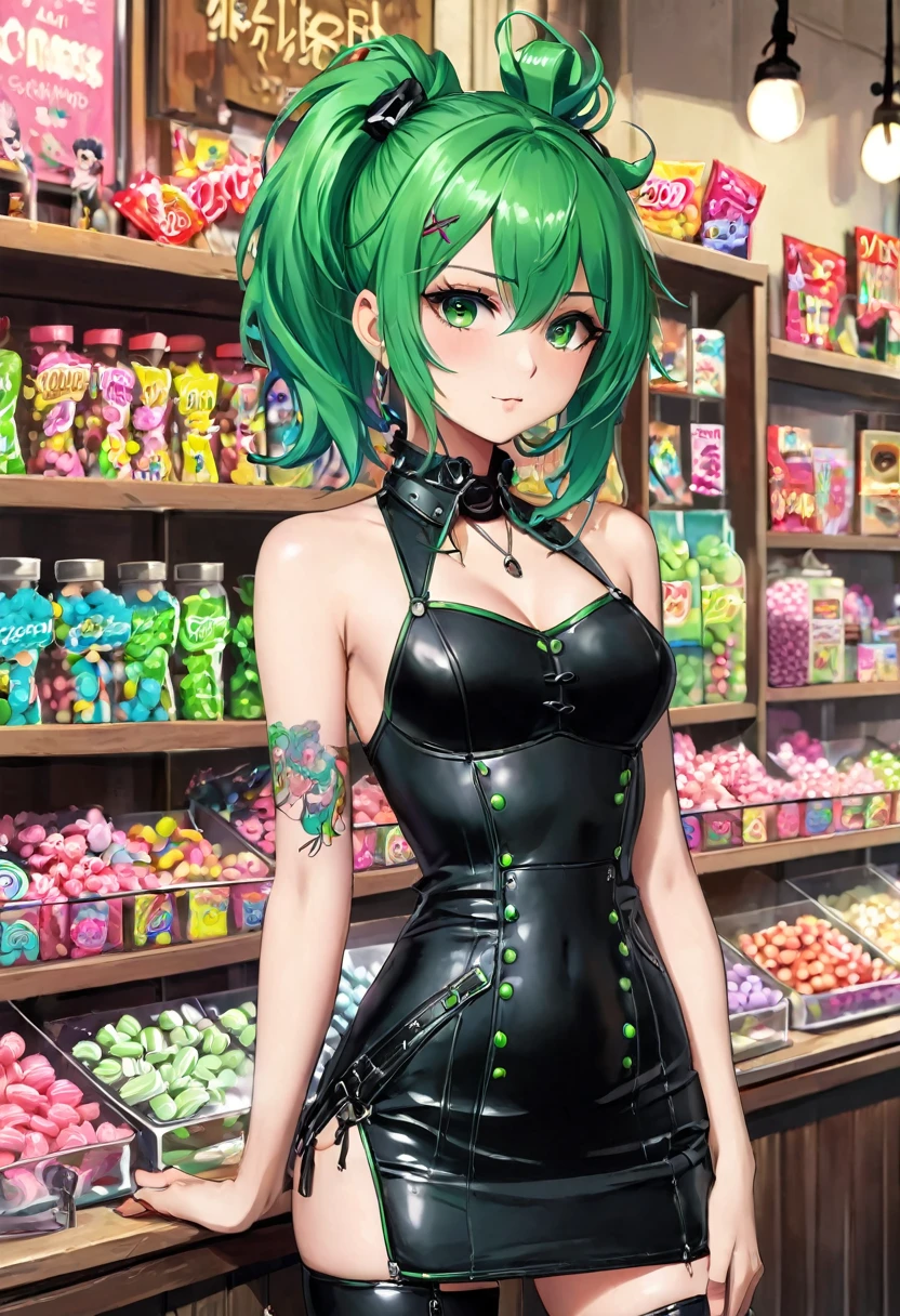masterpiece, best quality, a green haired girl in the middle of a small candy store, sexy, punk look, tight leather dress, pronounced nipples, anime, high quality