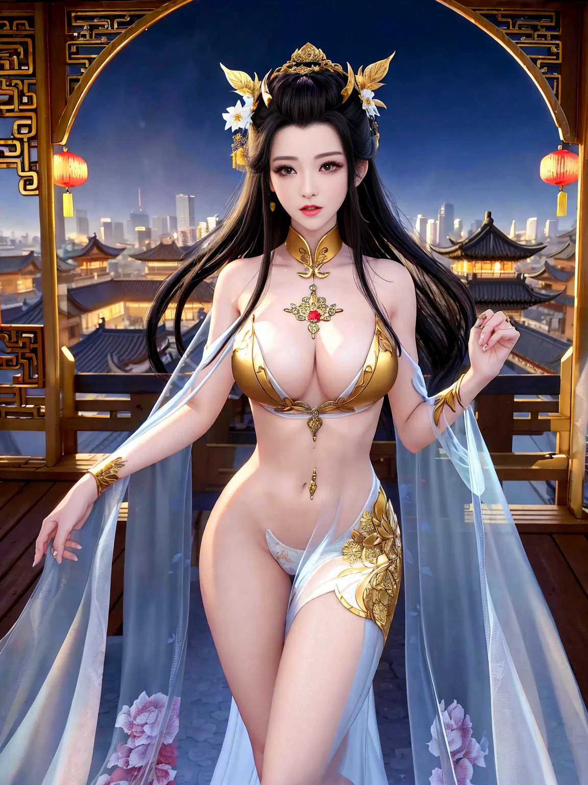 Top quality, masterpiece, high resolution, Chinese,,,,,,mountain peak,,,,,Rooftop,,,,,,,naked,,stand erect,,1girl, charming appearance and personality, big body, extremely sexy, ,,,,Floral print ,, ,Floral print,, Light yellow floral fragments,,(transparent ), large hollow see-through, beautiful and delicate face, (desire figure) perfect slim figure (nipple slip: 0.5), perfect white skin,stand erect,,Smooth black long hair