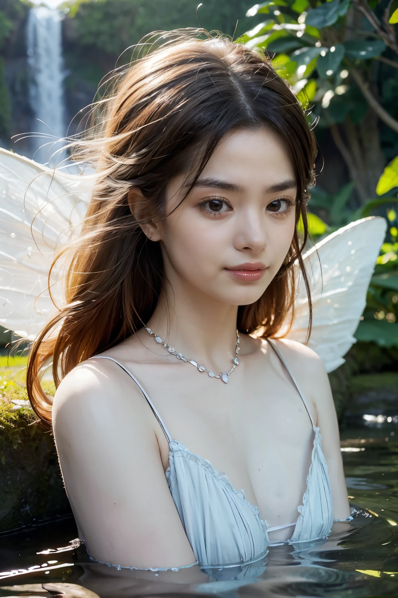 (best quality,ultra-detailed),beautiful detailed eyes,beautiful detailed lips,long eyelashes,girl,fairy,sparkling blue water,ethereal beauty,flowing dress,cascading waterfalls,serene expression,soft and dreamy lighting,water reflections,soft and pastel colors,water droplets on skin,subtle and magical atmosphere,mythical creature,magical powers,floating in midair,graceful movements,enchanted forest background,natural and organic elements,fantasy artwork,unreal and mesmerizing,majestic presence,harmonious and peaceful.