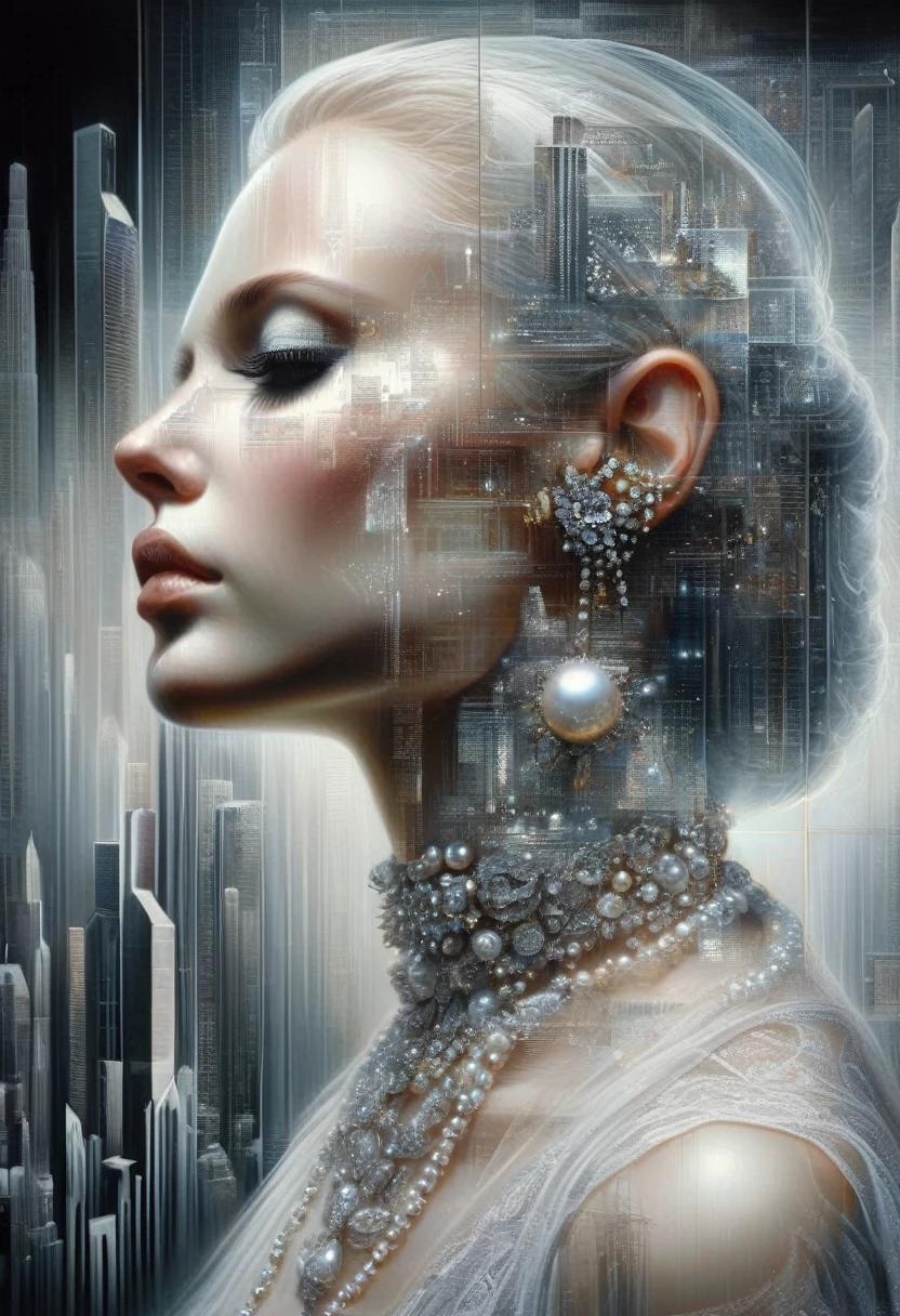 4D-Doppelbelichtung: Portrait of ((Transparent woman with double exposure of futuristic city streets in head)), In the background the city in Renaissance costume, Oil painting, 3/4 Profilansicht, beautiful pearl necklace, luxurious fabrics, detaillierte Stickereien, Stimmungsvolle Hell-Dunkel-Beleuchtung, high resolution