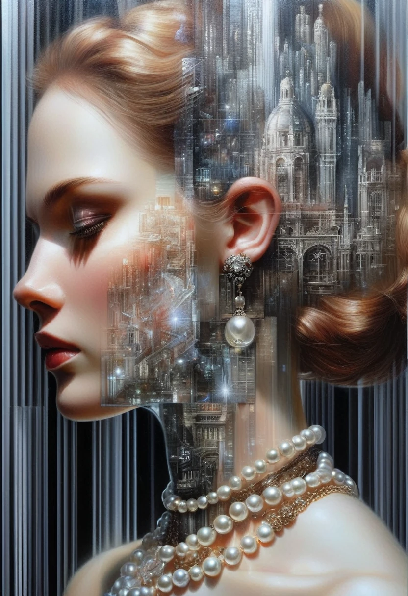 4D-Doppelbelichtung: Portrait 3/4 Profilansicht ((Transparent woman with double exposure of futuristic city streets in head)), In the background the city in Renaissance costume, Oil painting, 3/4 Profilansicht, beautiful pearl necklace, luxurious fabrics, detaillierte Stickereien, Stimmungsvolle Hell-Dunkel-Beleuchtung, high resolution