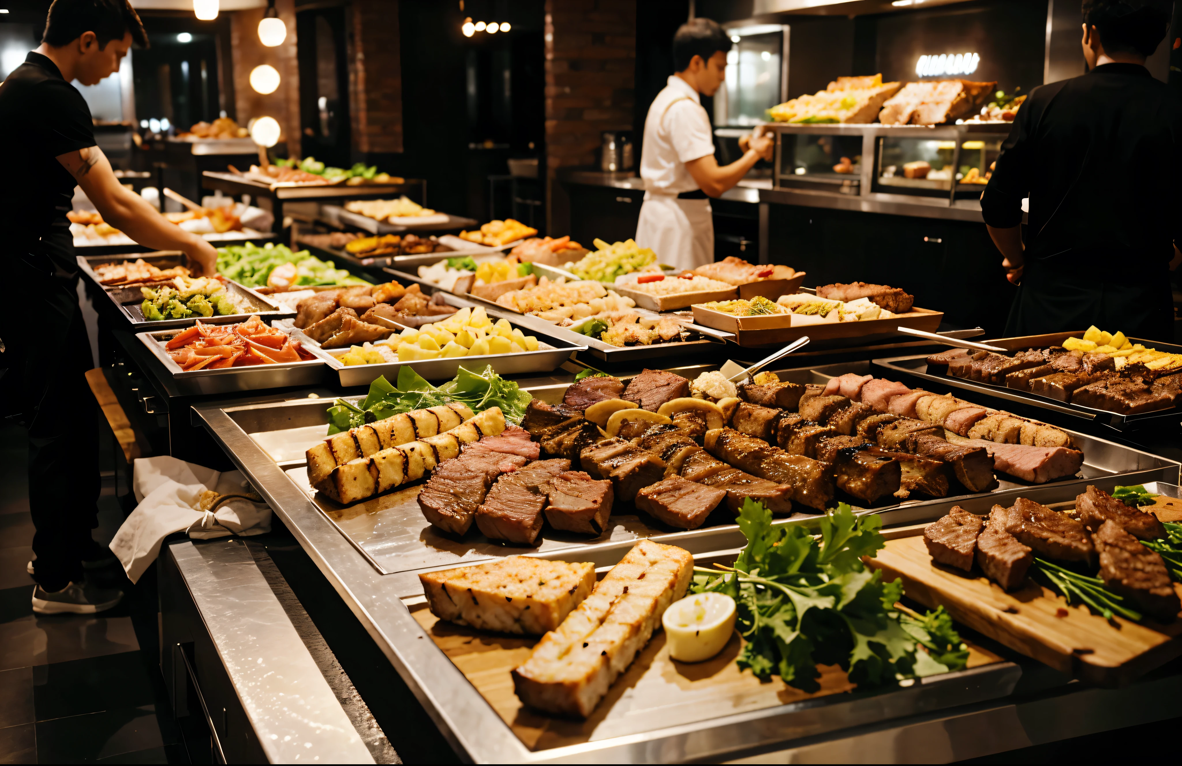 Catering buffet food indoor in restaurant with grilled meat.