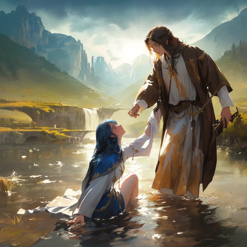 Jesus washes a woman in a river with a mountain in the background, most beautiful picture of all time, beautiful illustration, Crossing the river, Jesus walks on water, very nice photo, greg olsen, absolut herausragendes Bild, inspired von Mark Keathley, von Mark Keathley, Bibel-Illustration, Jesus umarmt eine Frau, erstaunliche Tiefe, very beautiful masterpiece, unglaubliche Kunst