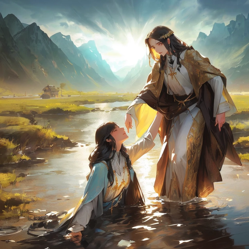 Jesus washes a woman in a river with a mountain in the background, most beautiful picture of all time, beautiful illustration, Crossing the river, Jesus walks on water, very nice photo, greg olsen, absolut herausragendes Bild, inspired von Mark Keathley, von Mark Keathley, Bibel-Illustration, Jesus umarmt eine Frau, erstaunliche Tiefe, very beautiful masterpiece, unglaubliche Kunst