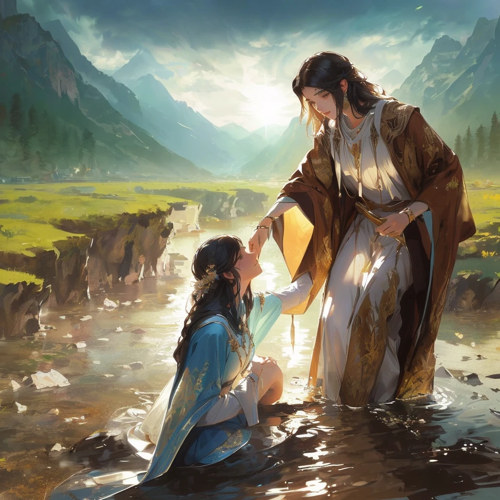Jesus washes a woman in a river with a mountain in the background, most beautiful picture of all time, beautiful illustration, Crossing the river, Jesus walks on water, very nice photo, greg olsen, absolut herausragendes Bild, inspired von Mark Keathley, von Mark Keathley, Bibel-Illustration, Jesus umarmt eine Frau, erstaunliche Tiefe, very beautiful masterpiece, unglaubliche Kunst
