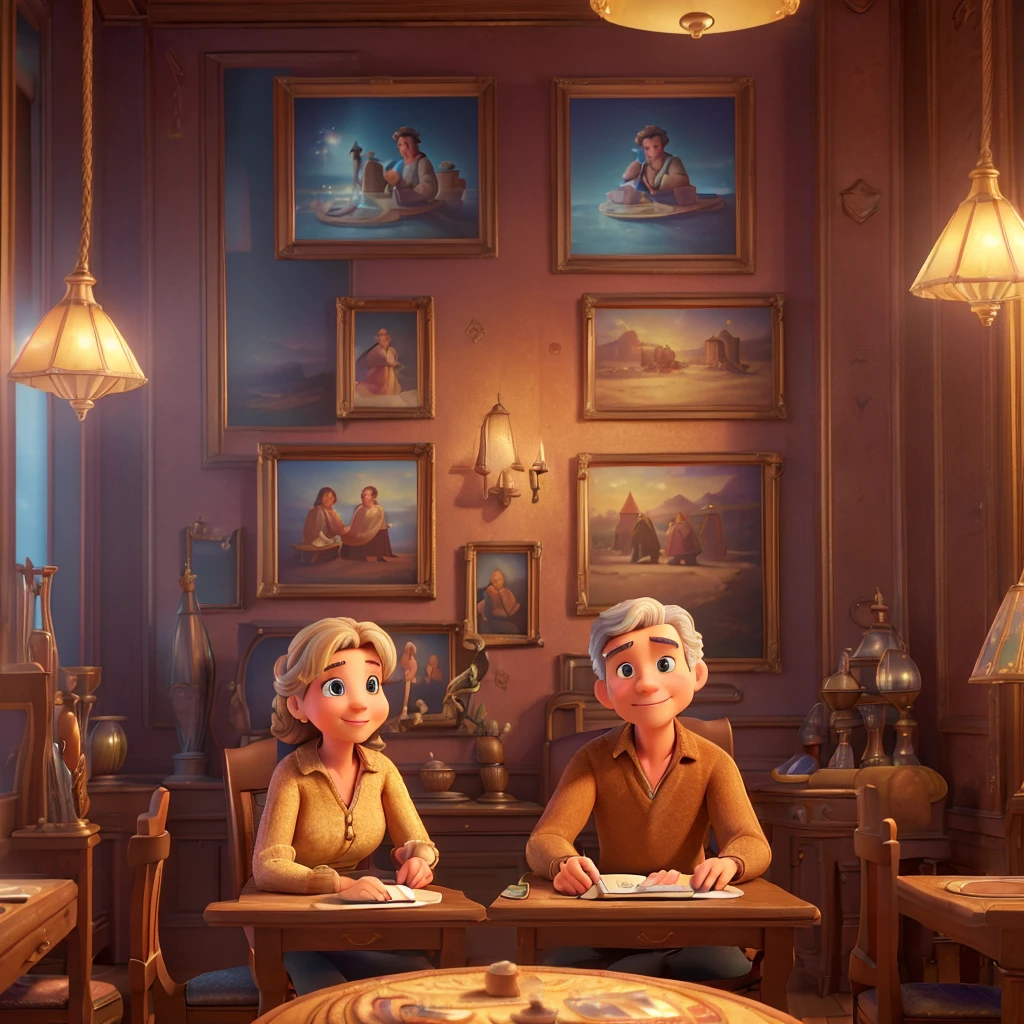 (best quality,4k,8k,highres,masterpiece:1.2),ultra-detailed,(realistic,photorealistic,photo-realistic:1.37),disney style 3D cartoon, man and woman in an antique shop, sitting on chairs, detailed interior, warm lighting, cozy atmosphere, intricate details, vibrant colors, soft focus, cinematic composition