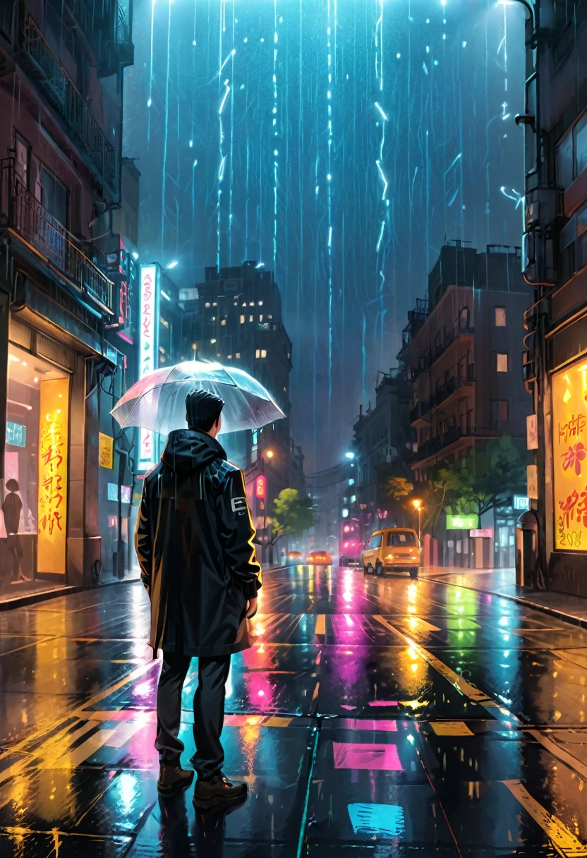 (Back View:1.2), A man in a black windbreaker, looking up at the rain curtain, Waiting in the rain, on the streets of the city after the rain, the rain reflects bright spots under the street lights, and pedestrians hurriedly pass by, leaving behind a series of footprints. In the distance, neon signs flicker in the rain curtain, creating a romantic atmosphere of the city, (masterpiece, best quality, Professional, perfect composition, very aesthetic, absurdres, ultra-detailed, intricate details:1.3)